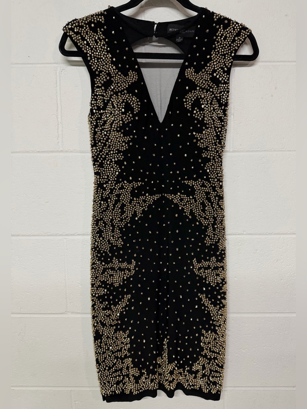 Betsy & Adam Size 2 Black Gold Rhinestone Embellished Cocktail Mini Dress